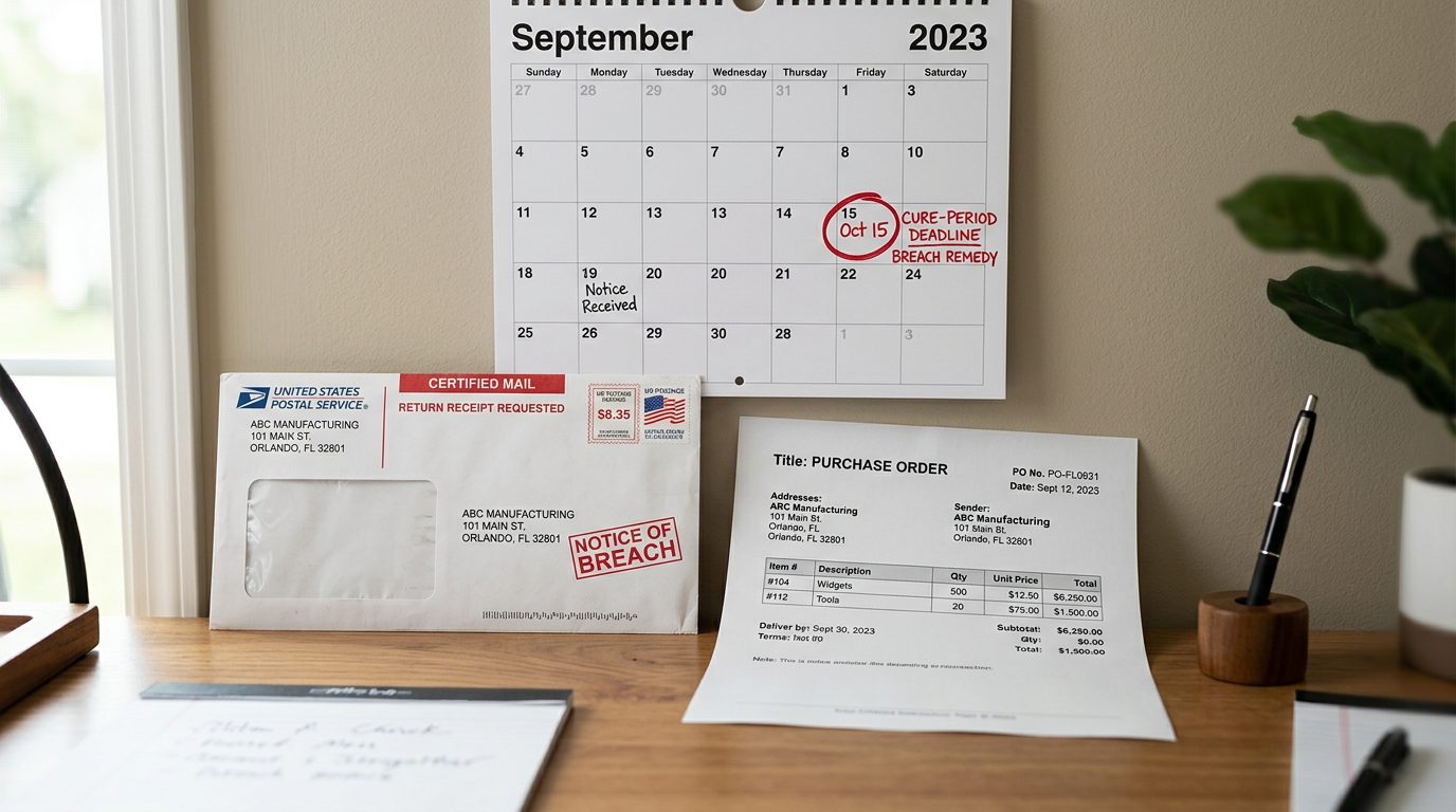 A certified-mail envelope marked "notice of breach" sits beside a printed purchase order and a wall calendar with a circled cure-period deadline on a