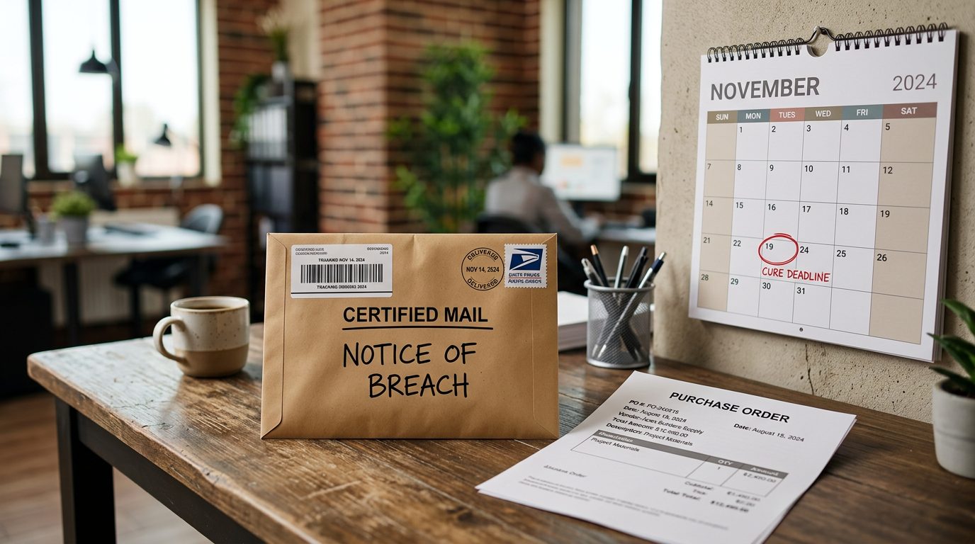 A certified-mail envelope marked "notice of breach" sits beside a printed purchase order and a wall calendar with a cure-period deadline circled on a