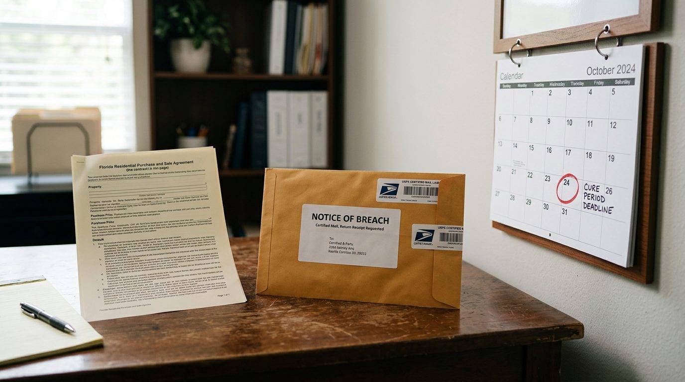 A certified-mail envelope marked "notice of breach" sits beside a printed purchase order and a wall calendar with a circled cure-period deadline on a