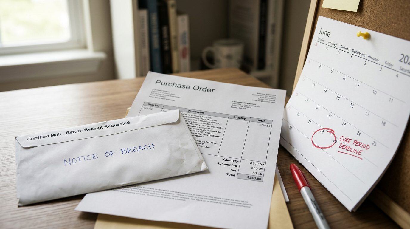 A certified-mail envelope marked "notice of breach" sits beside a printed purchase order and a wall calendar with a circled deadline on a desk.