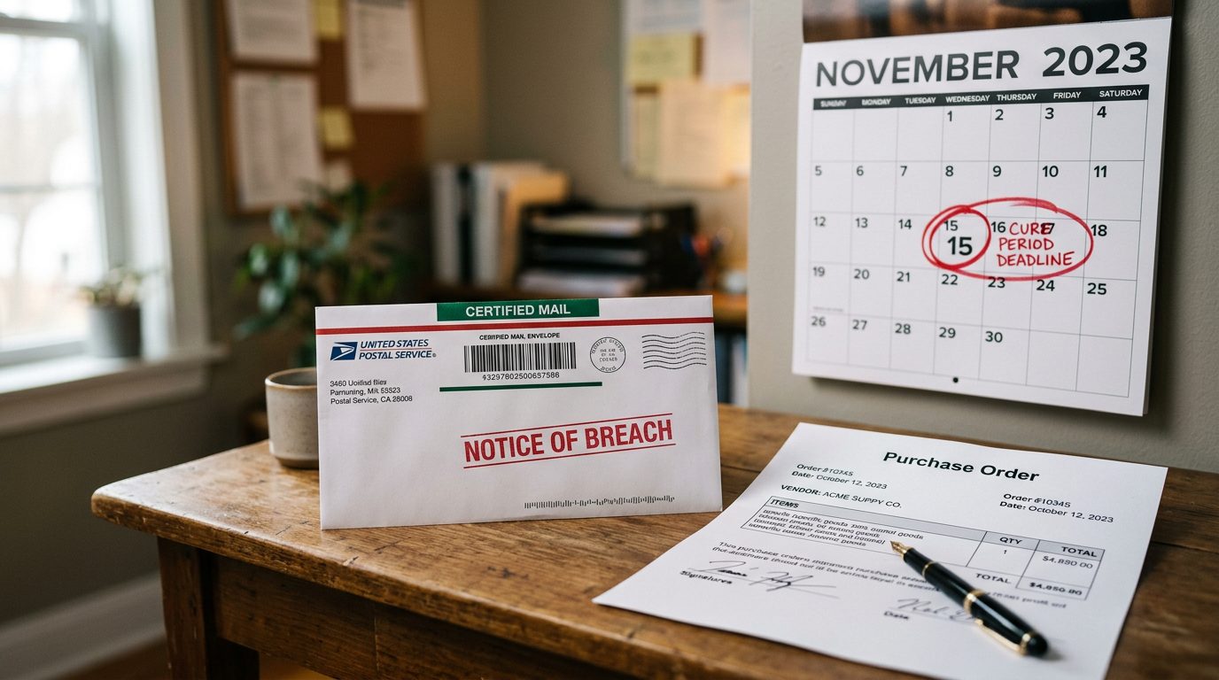 A certified-mail envelope marked "notice of breach" sits beside a printed purchase order and a wall calendar with a circled cure-period deadline on
