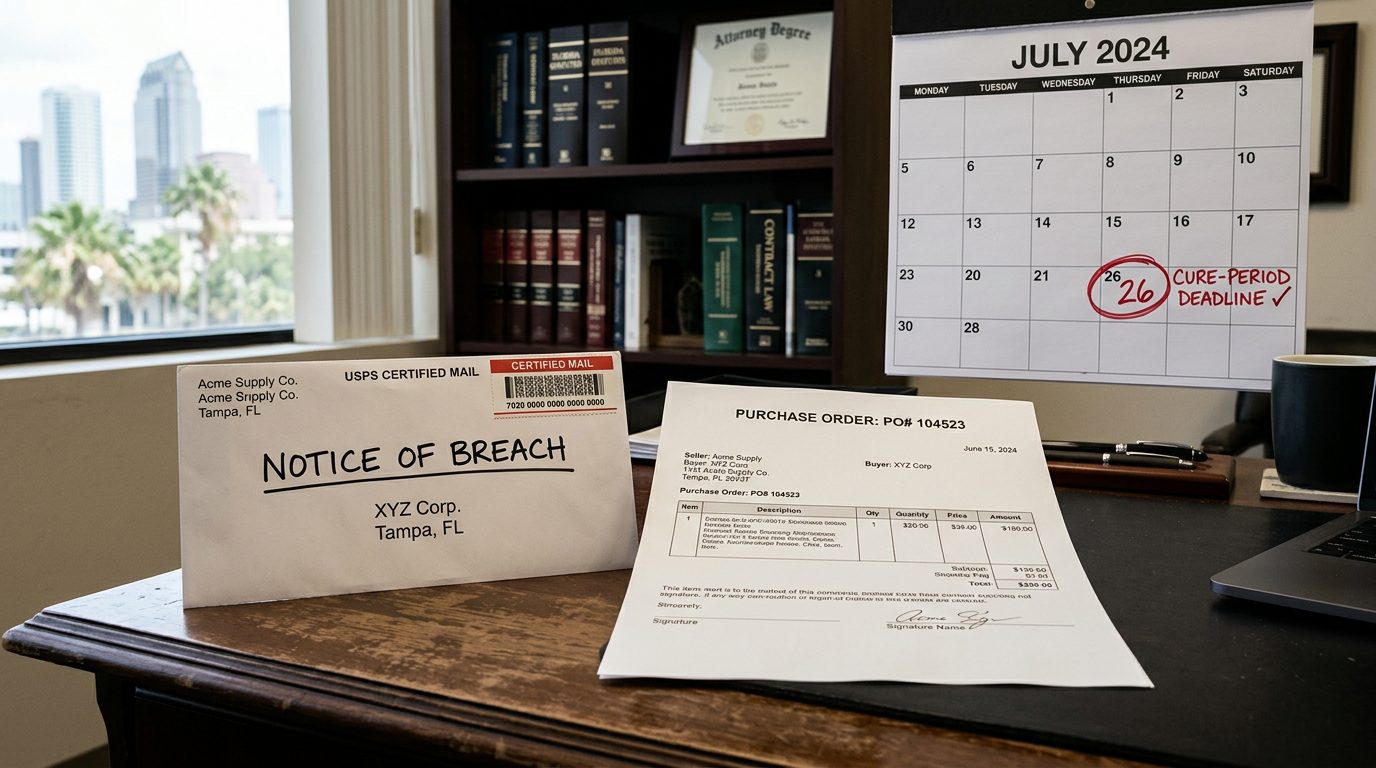 A certified-mail envelope marked "notice of breach" sits beside a printed purchase order and a wall calendar with a deadline circled on a small