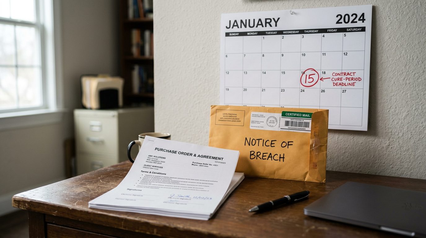 A certified-mail envelope marked "notice of breach" sits beside a printed purchase order and a calendar with a cure-period deadline circled on a desk.