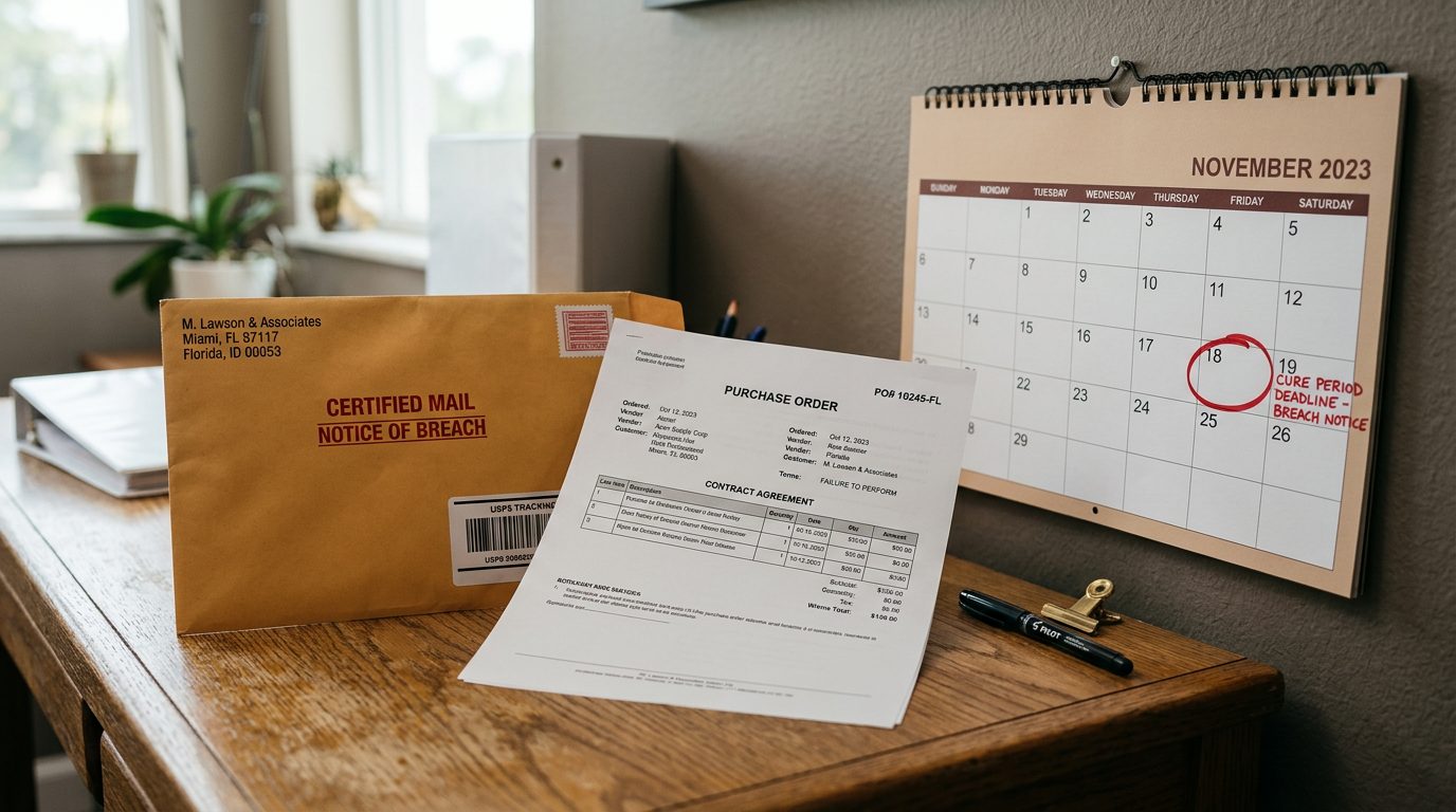 A certified-mail envelope marked "notice of breach" sits beside a printed purchase order and a wall calendar with a circled deadline on an office