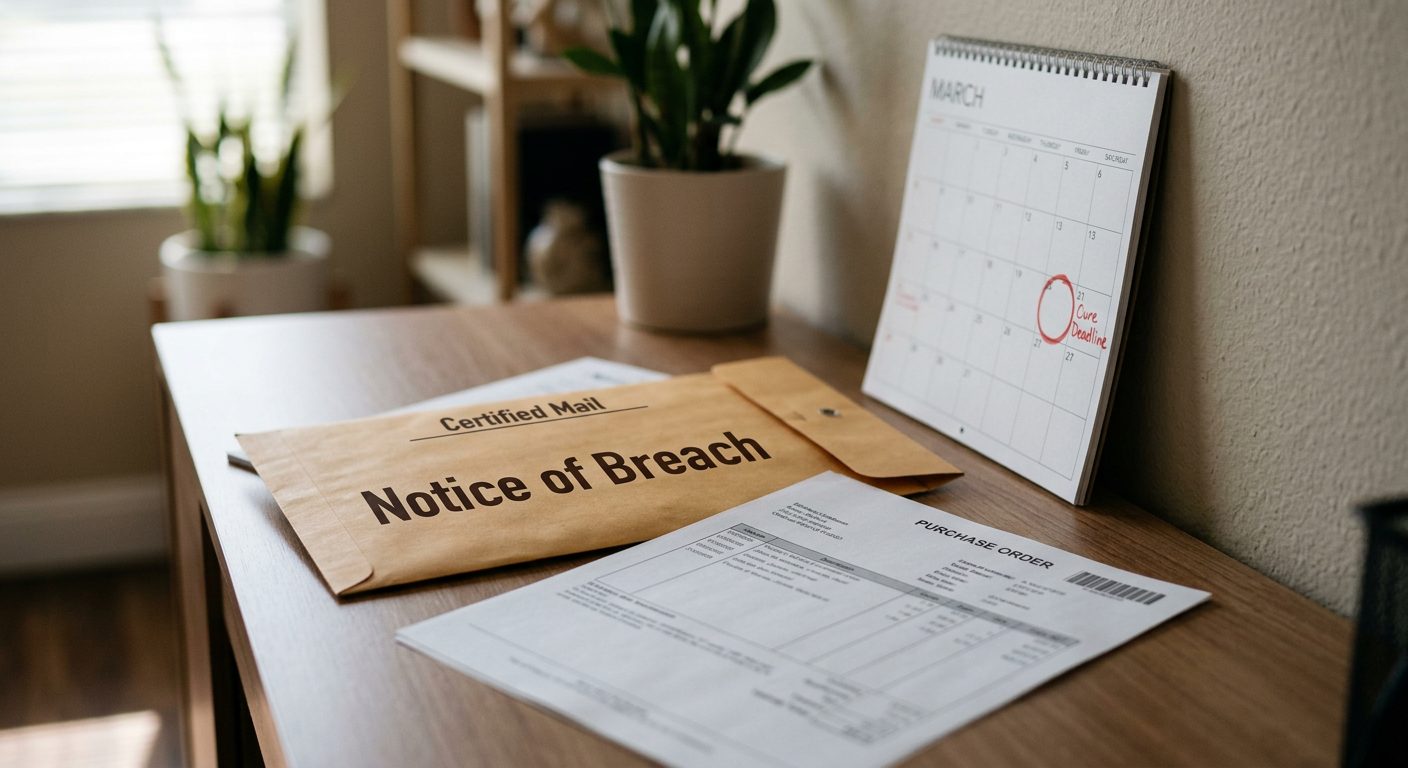 A certified-mail envelope marked "notice of breach" sits beside a printed purchase order and a wall calendar with a circled deadline on a desk.