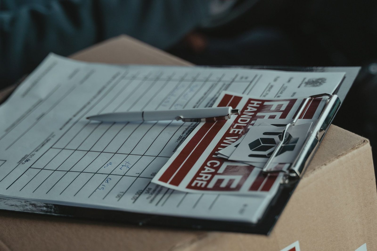 A clipboard with delivery papers rests on a cardboard box marked with a "Handle with Care" sticker.