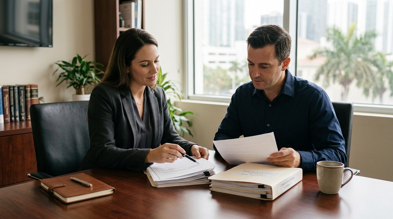 A desk with a signed contract, pen, and eyeglasses in a Florida law office setting.