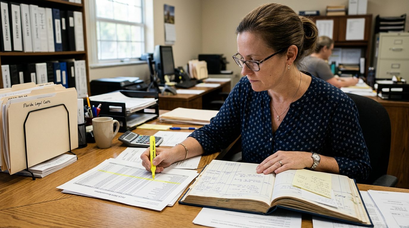A forensic accountant in reading glasses highlights entries in a bound ledger beside printed invoices on a desk.