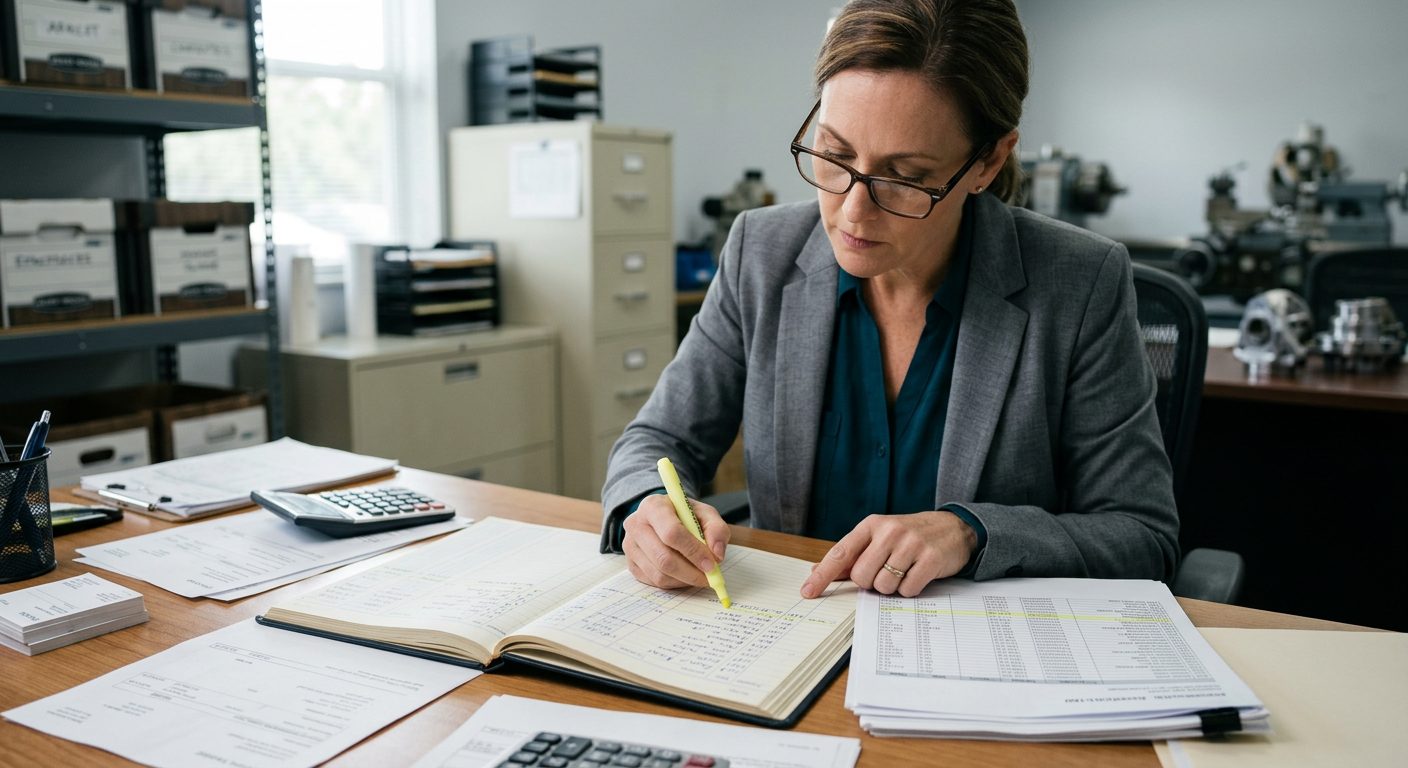 A forensic accountant in reading glasses highlights payment entries in a ledger on a cluttered office desk.