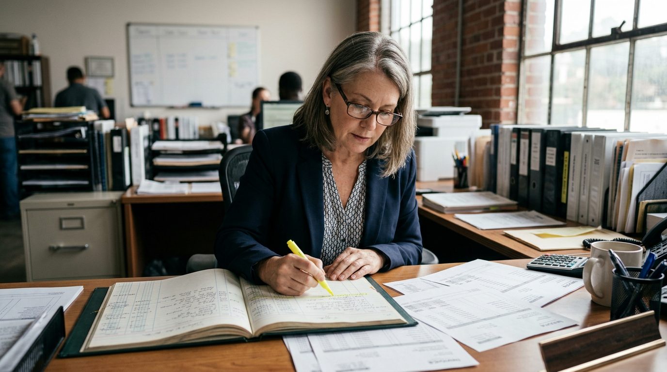 A forensic accountant in reading glasses highlights payment entries in a bound ledger on a desk covered with printed invoice reconciliations.