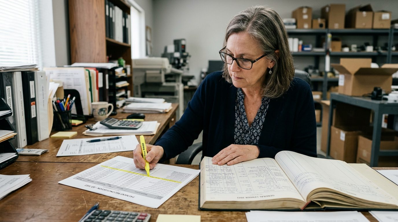 A forensic accountant in reading glasses highlights payment entries in a bound ledger beside printed invoices on a desk.