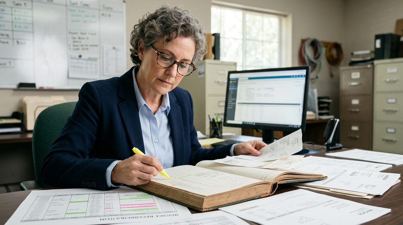A forensic accountant in reading glasses highlights payment entries in a bound ledger beside printed invoices on a desk.