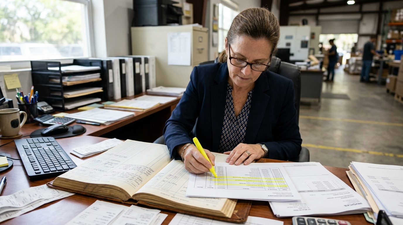 A forensic accountant in reading glasses highlights payment entries in a bound ledger amid printed invoices on a desk.