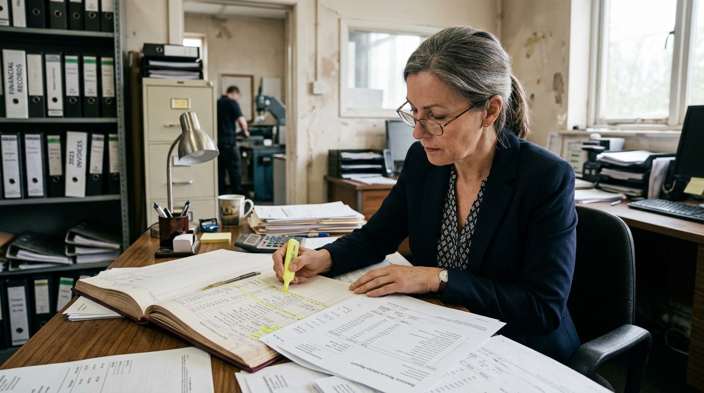 A forensic accountant in reading glasses highlights payment entries in a bound ledger beside printed invoices on a desk.