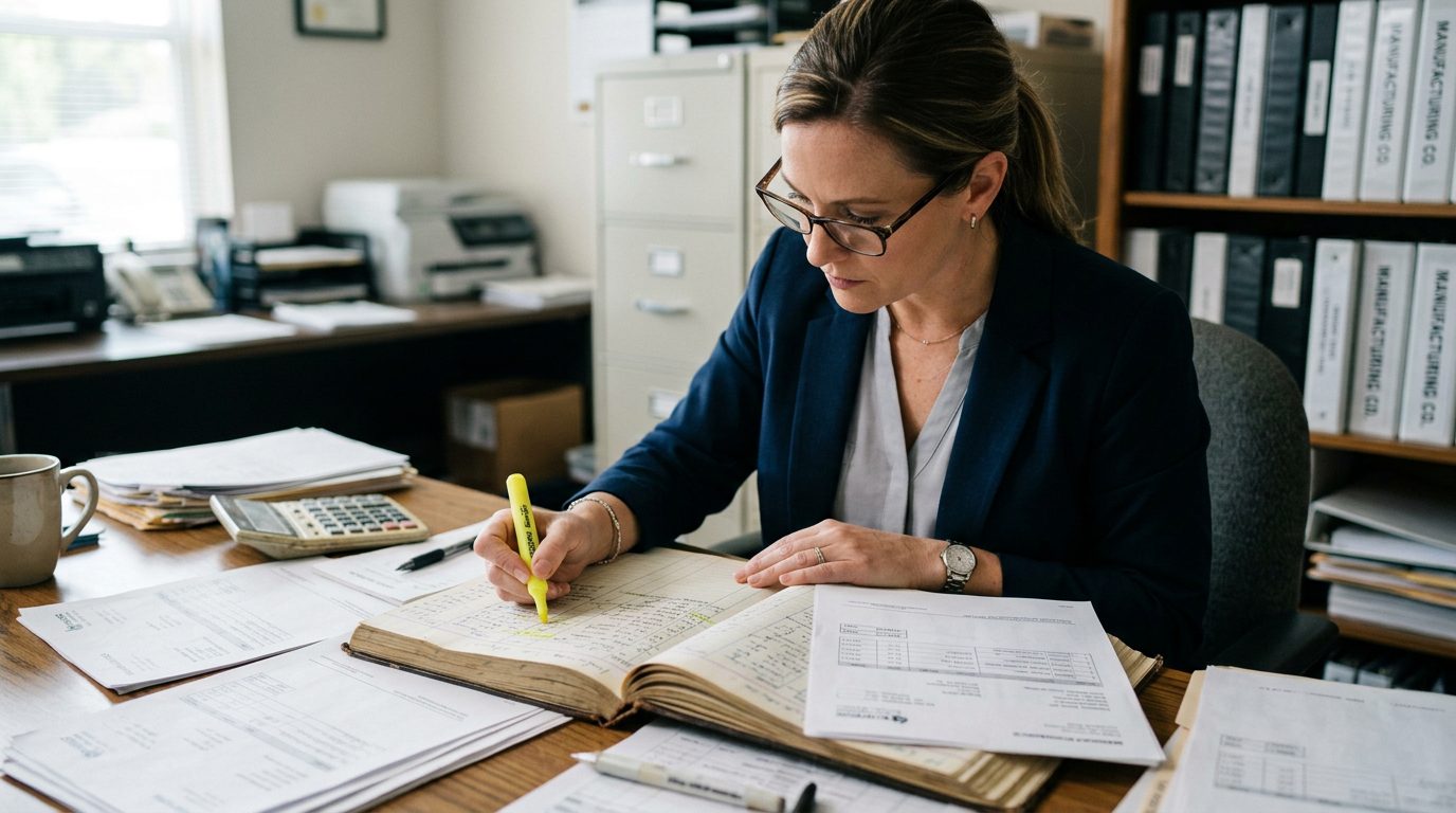 A forensic accountant in reading glasses highlights payment entries in a bound ledger beside printed invoices on a desk in a small manufacturing