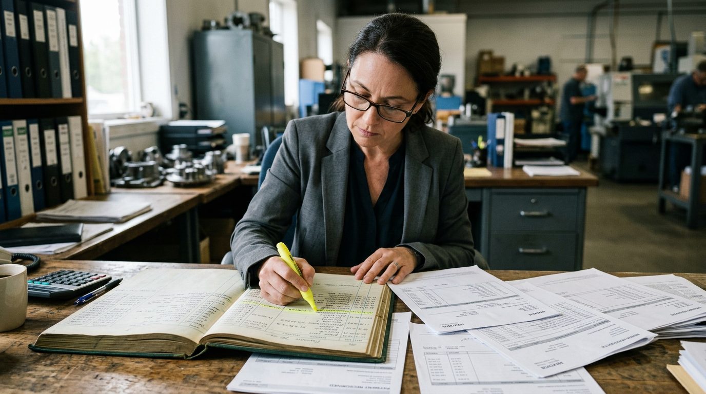 A forensic accountant in reading glasses highlights payment entries in a bound ledger and printed invoices on a desk.