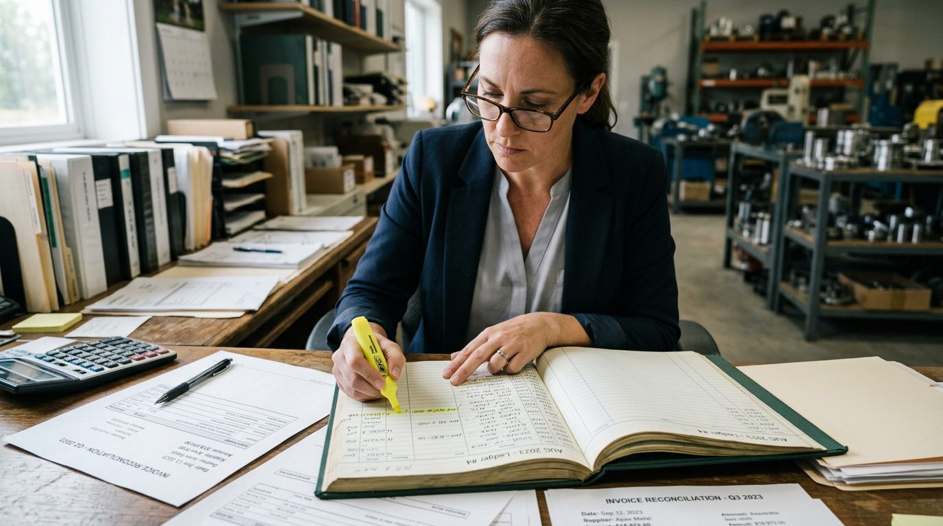 A forensic accountant in reading glasses highlights payment entries in a bound ledger beside printed invoice reconciliations on a desk.