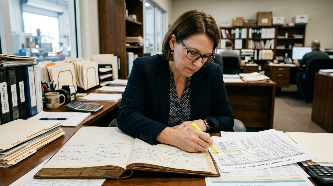 A forensic accountant in reading glasses highlights payment entries in a bound ledger on a desk covered with invoice printouts.