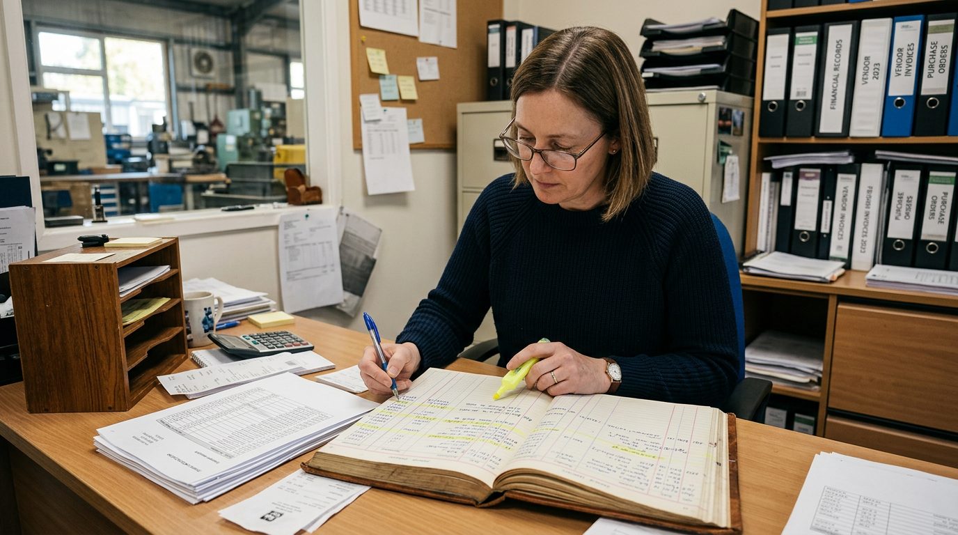A forensic accountant in reading glasses highlights payment entries in a bound ledger and invoices on a desk.