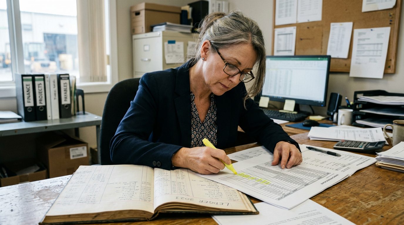 A forensic accountant in reading glasses highlights payment entries in a bound ledger beside printed invoices on a desk in a small manufacturing