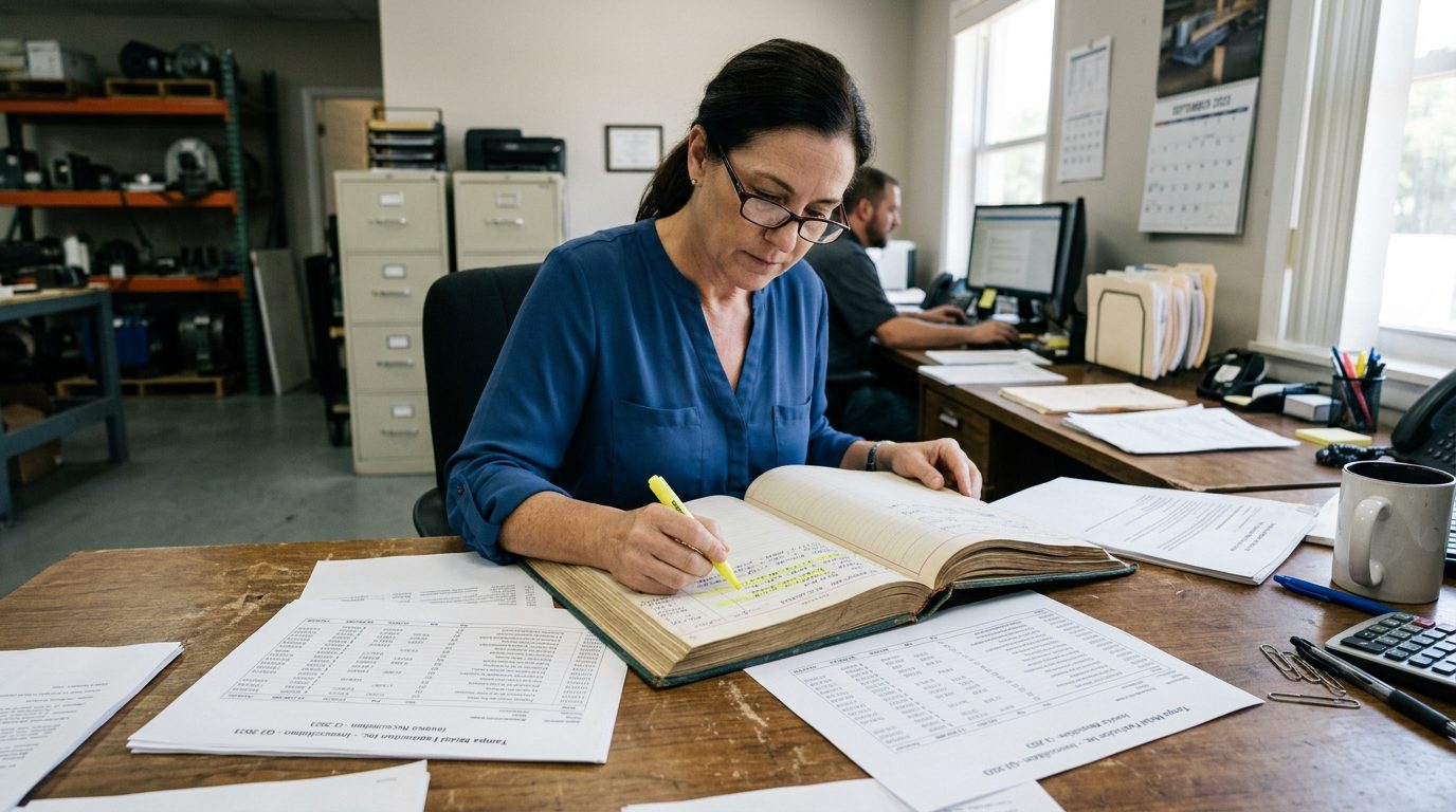 A forensic accountant in reading glasses highlights payment entries in a bound ledger on a desk covered with printed invoice reconciliations.