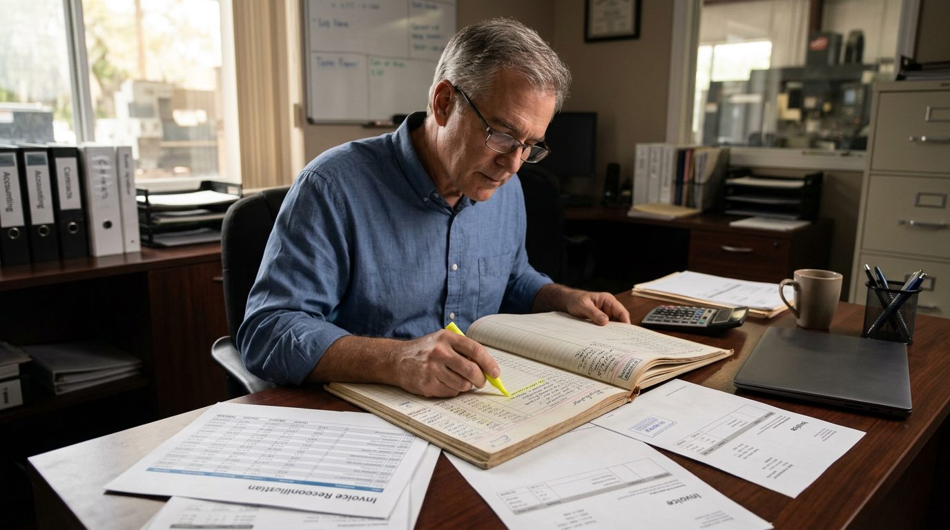 A forensic accountant in reading glasses highlights payment entries in a bound ledger beside printed invoices on a desk.
