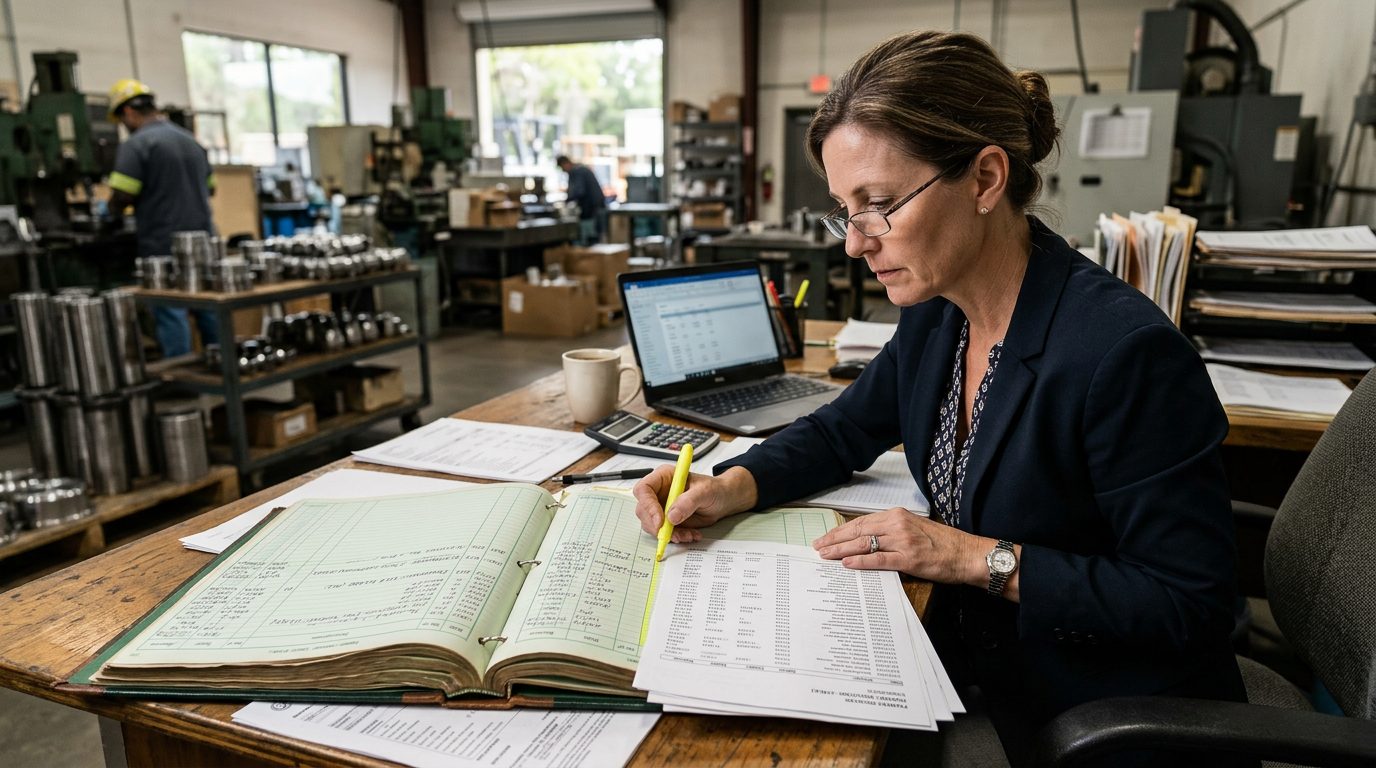 A forensic accountant in reading glasses highlights payment entries in a bound ledger on a desk covered with printed invoices.
