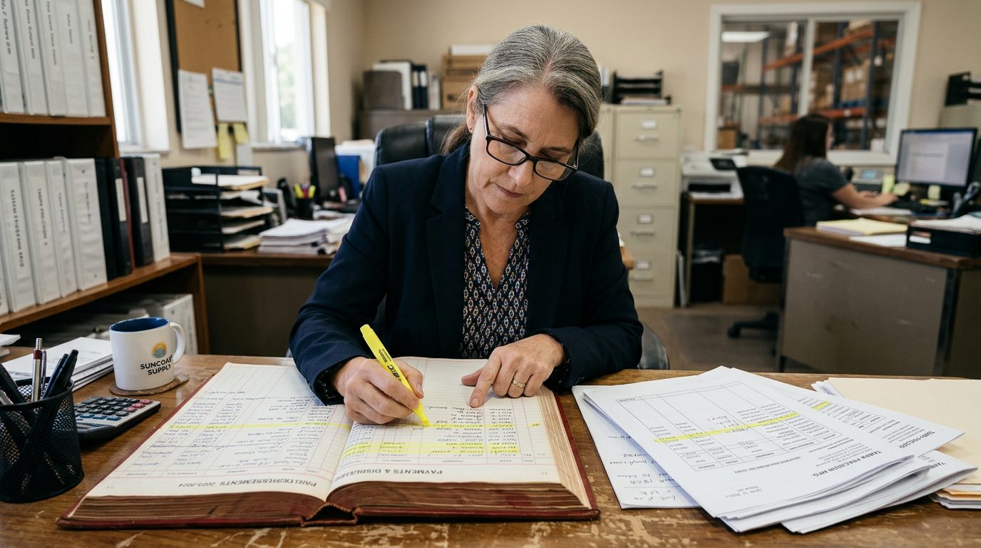A forensic accountant in reading glasses highlights payment entries in a bound ledger beside printed invoices on a desk.