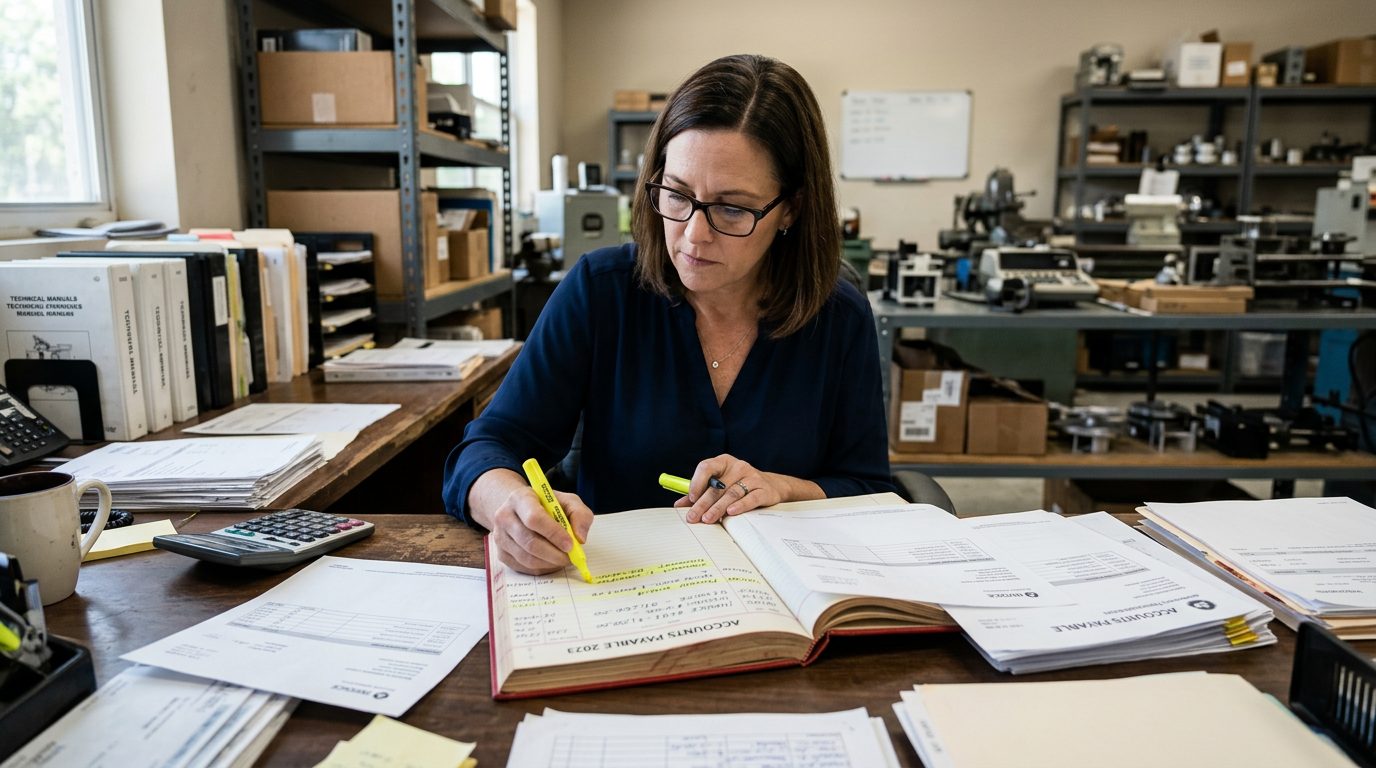 A forensic accountant in reading glasses highlights payment entries in a bound ledger on a cluttered desk at a small manufacturing office.