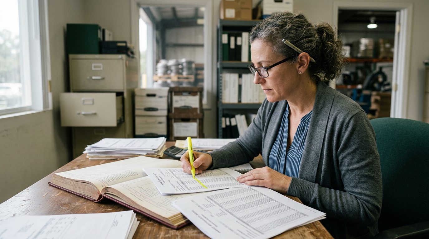 A forensic accountant in reading glasses highlights payment entries in a bound ledger beside printed invoices on a desk.