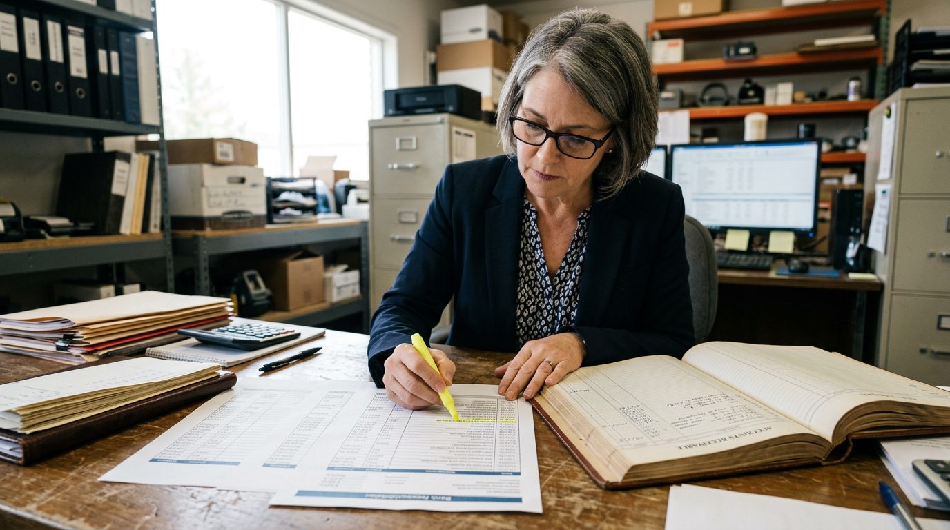 A forensic accountant in reading glasses highlights payment entries in a bound ledger on a desk covered with invoice reconciliations.