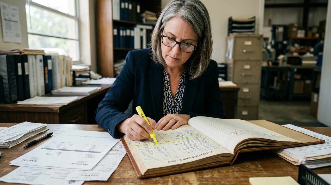 A forensic accountant in reading glasses highlights payment entries in a bound ledger beside printed invoices on a desk.