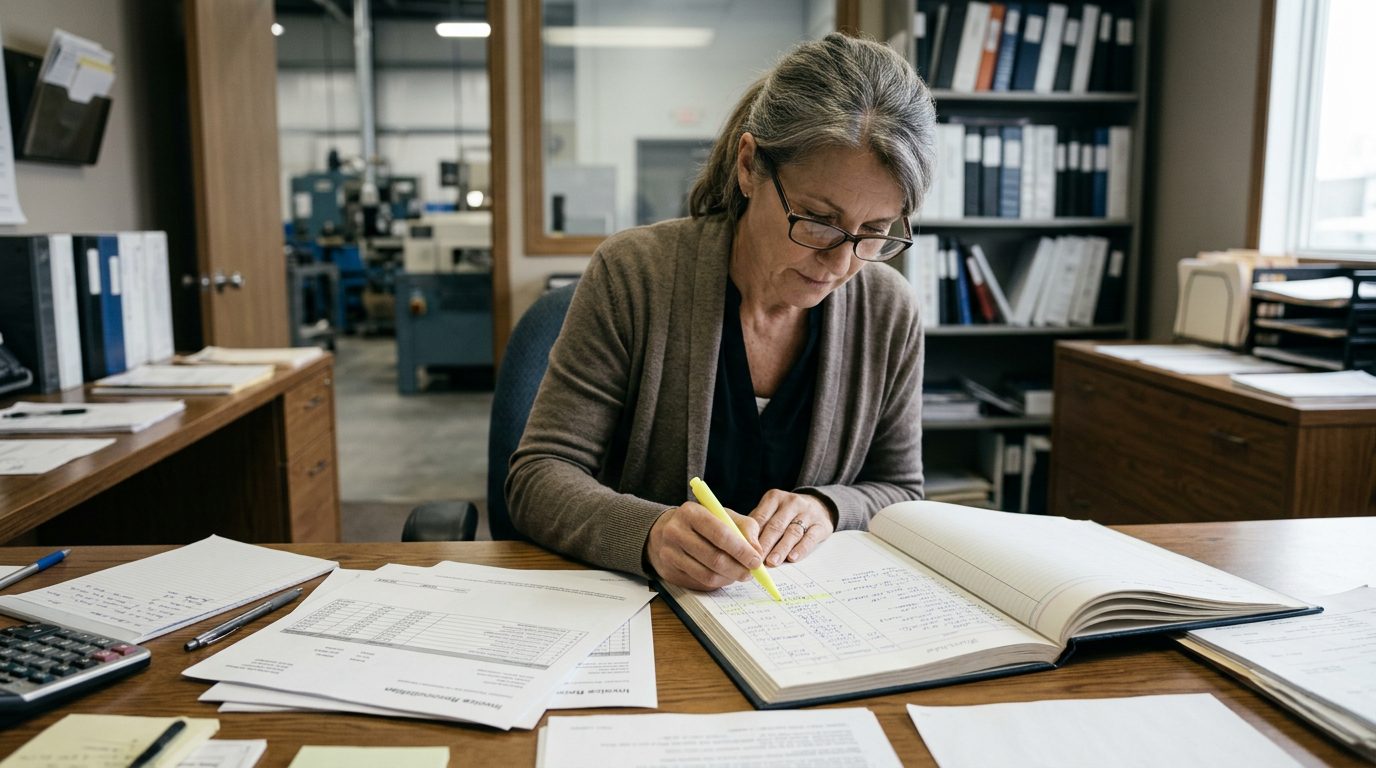 A forensic accountant in reading glasses highlights payment entries in a bound ledger and printed invoices on a desk in a small manufacturing office.