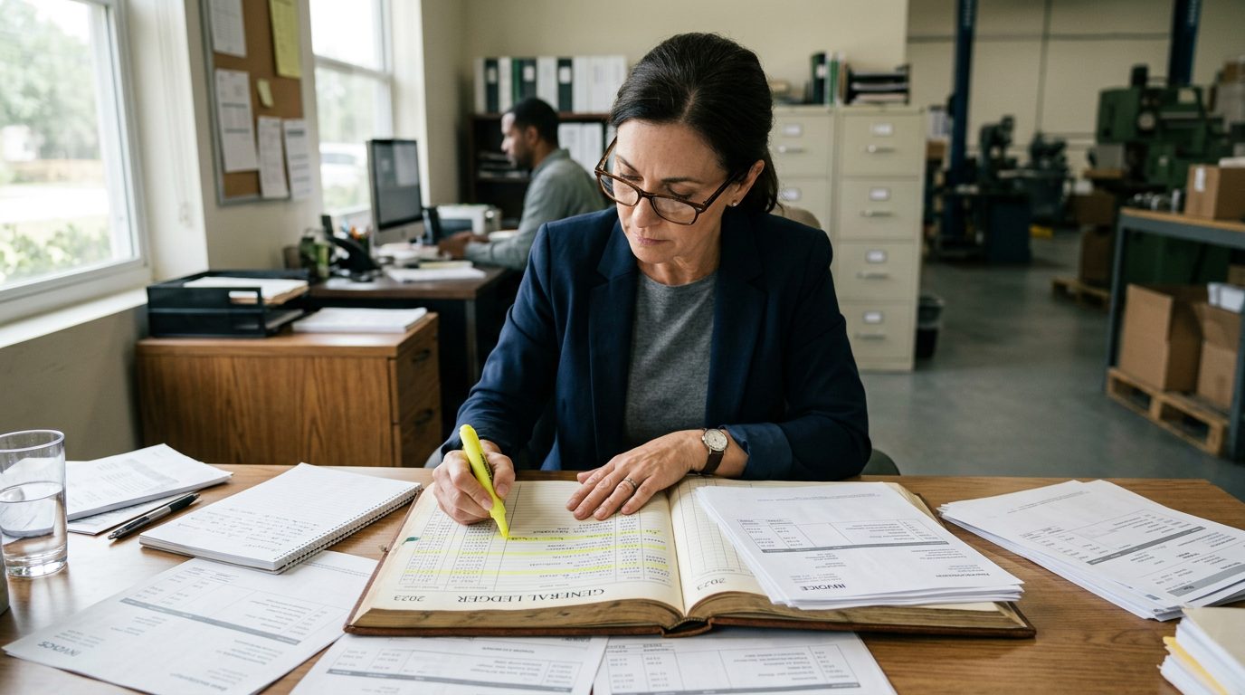 A forensic accountant in reading glasses highlights payment entries in a bound ledger beside printed invoices on a desk.