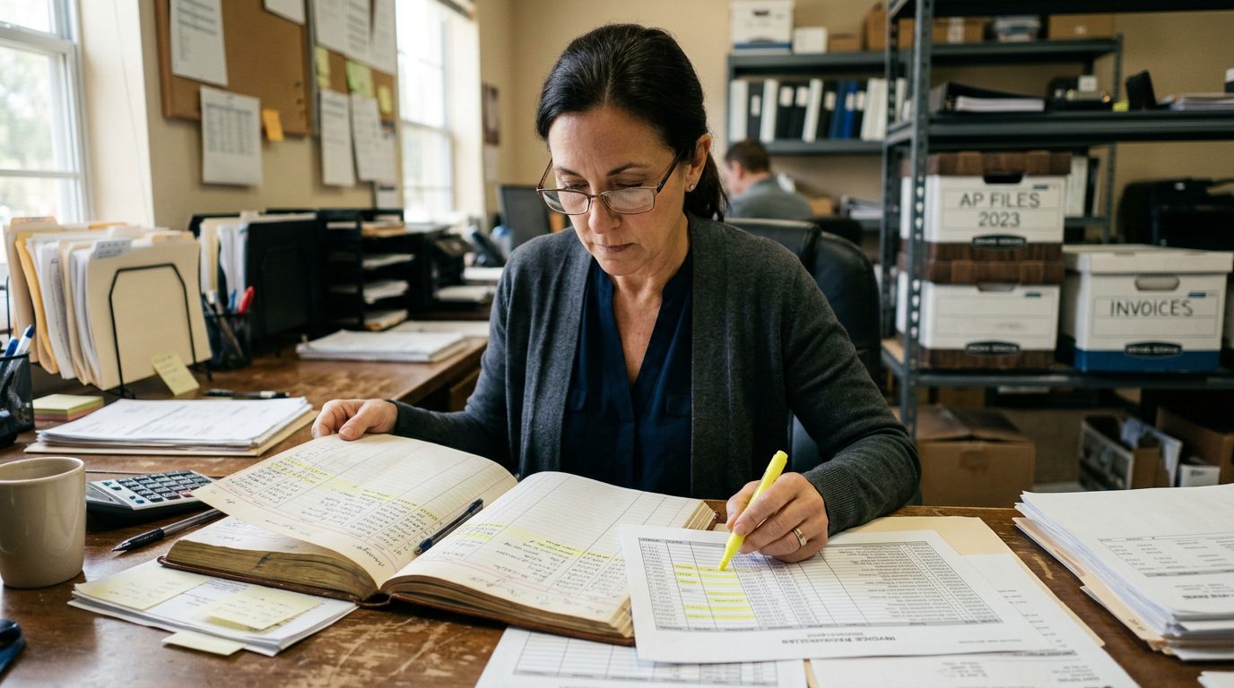 A forensic accountant in reading glasses highlights payment entries in a bound ledger beside printed invoices on a desk.
