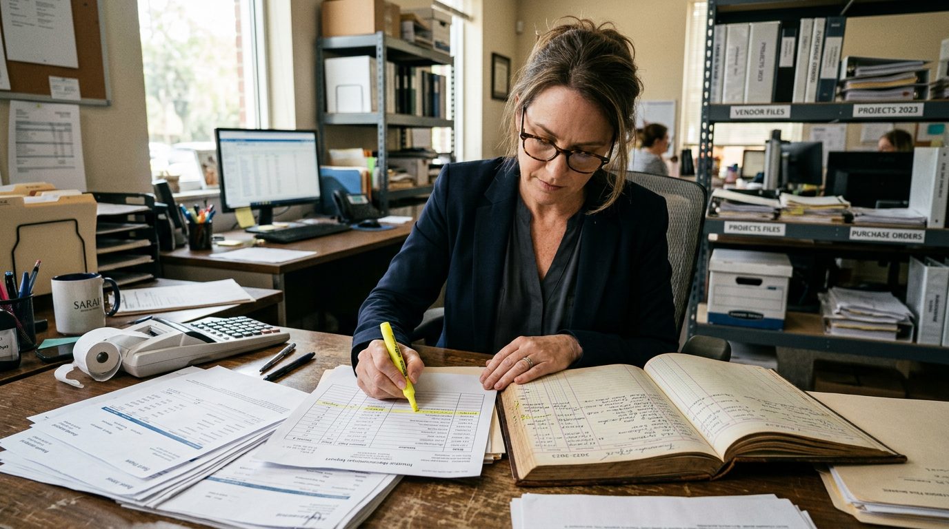 A forensic accountant in reading glasses highlights payment entries in a bound ledger and invoice reconciliation on a desk in a small manufacturing office.