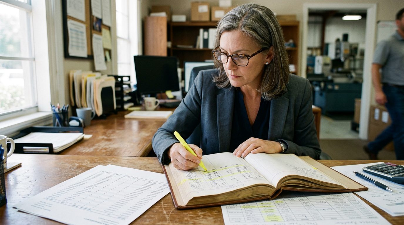 A forensic accountant in reading glasses traces payment entries with a yellow highlighter across a bound ledger and printed invoices on a small manufacturing office desk.