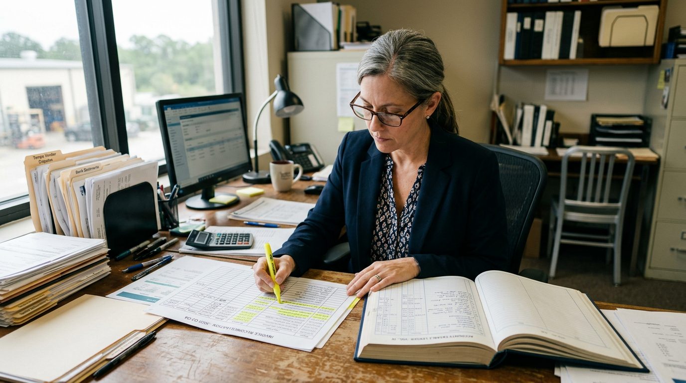 A forensic accountant in reading glasses traces payment entries with a yellow highlighter across a bound ledger and invoice reconciliation on a desk.