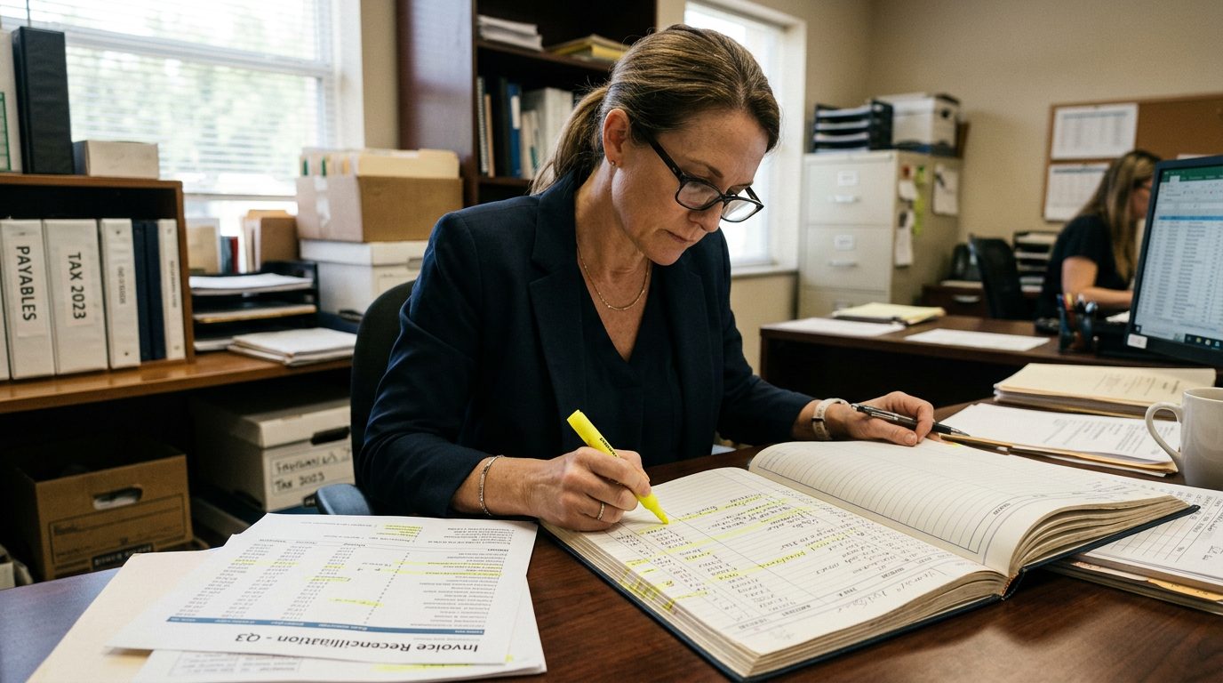 A forensic accountant in reading glasses traces payment entries with a highlighter across a bound ledger and printed invoices on a desk.