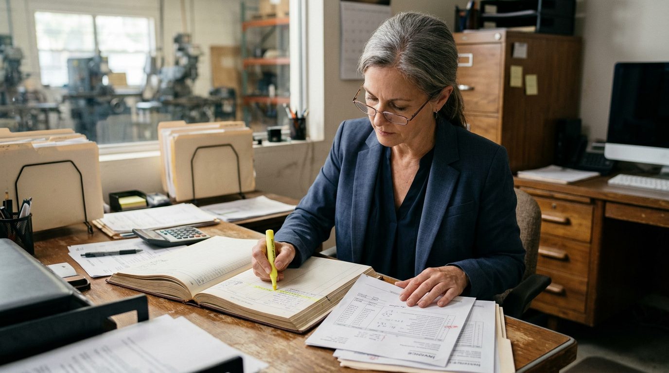A forensic accountant in reading glasses uses a yellow highlighter on invoice reconciliation papers and a bound ledger at a small manufacturing