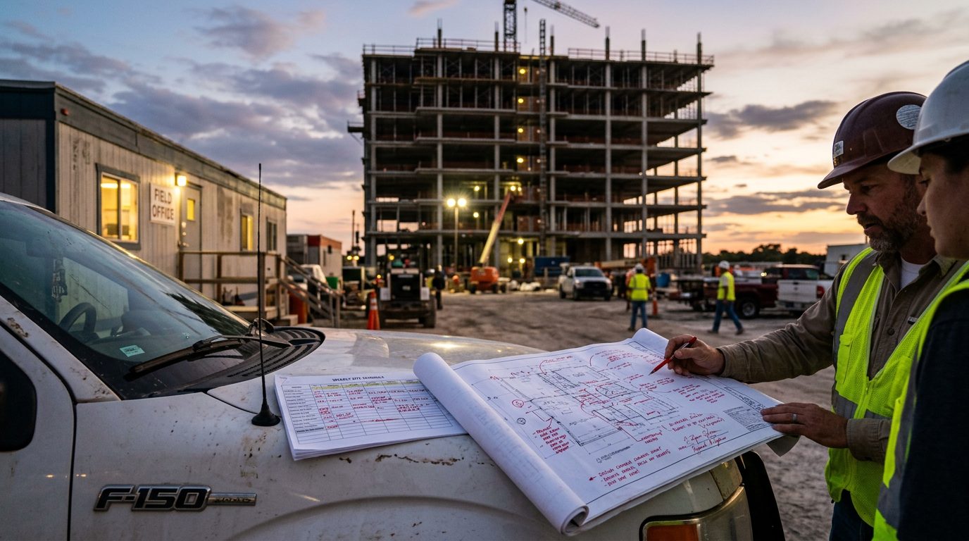 A half-built office tower at dusk with exposed steel framing, and marked-up construction drawings and a schedule spread on a white pickup beside a