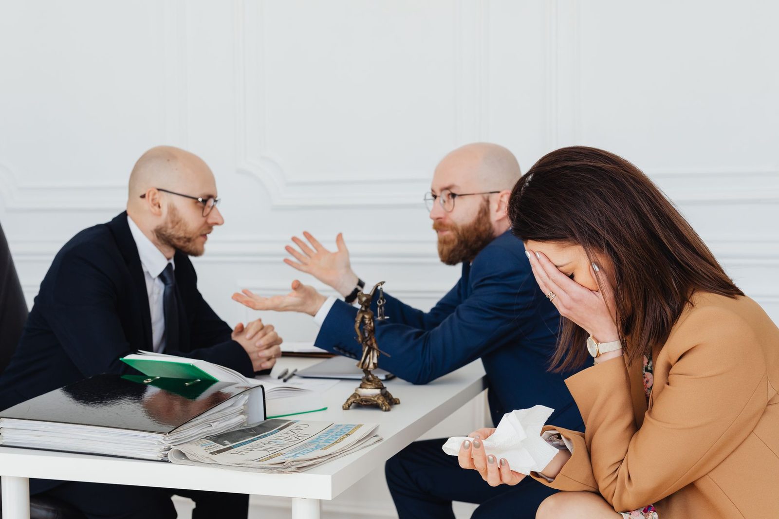 A lawyer in a office mediates a settlement discussion with a distressed couple across a table.