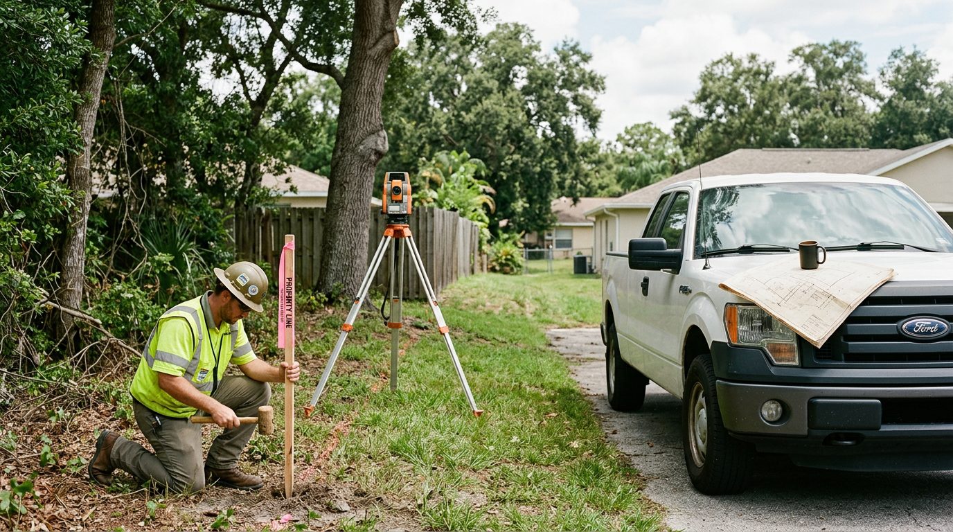 A licensed surveyor sets boundary stakes with a total station along a disputed property line between two suburban backyards.