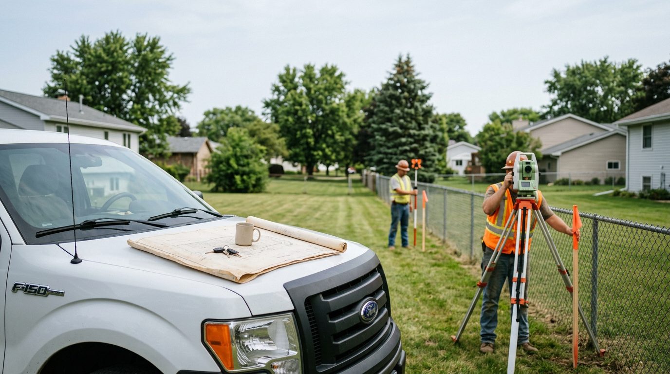 A licensed surveyor sets boundary stakes with a total station between two suburban backyards, a plat map on a pickup hood nearby.