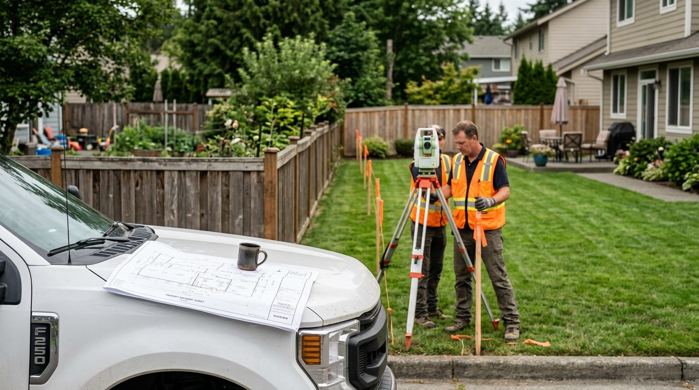 Un topógrafo colocado junto a un instrumento de medición instala estacas de linderos entre dos patios traseros de un barrio residencial.