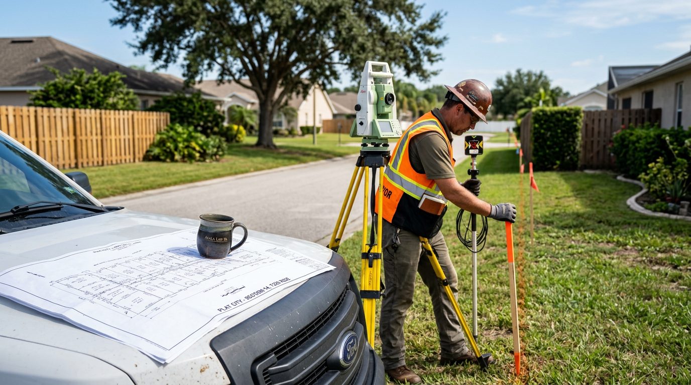 A licensed surveyor sets boundary stakes with a total station between two suburban backyards, a plat map on a white pickup hood.
