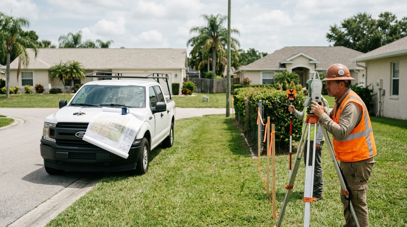 A licensed surveyor sets boundary stakes with a total station between two suburban backyards, a plat map on a pickup hood.