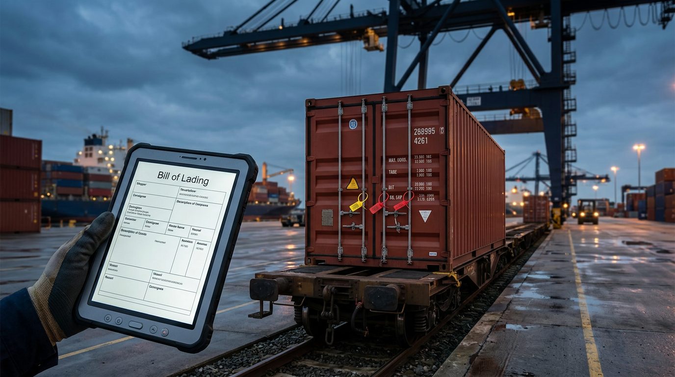 A sealed shipping container with numbered customs seal tags and a tablet showing a bill of lading, beside a dockside rail spur under a gantry crane