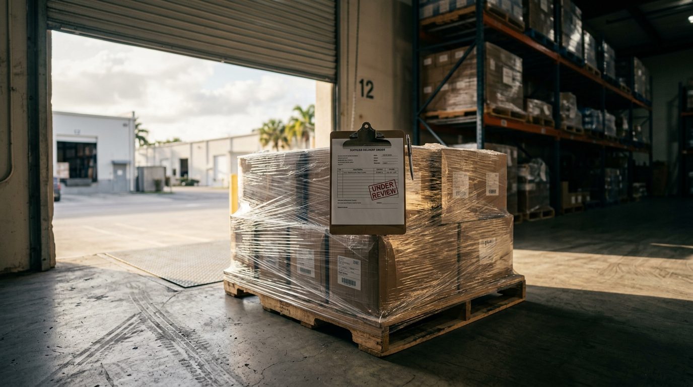 A warehouse loading dock with a plastic-wrapped pallet and a clipboard marked "under review," lit by morning light through open roll-up doors.