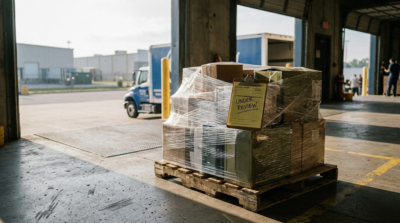 A warehouse loading dock with a plastic-wrapped pallet of disputed inventory and a clipboard marked "under review" in morning light.